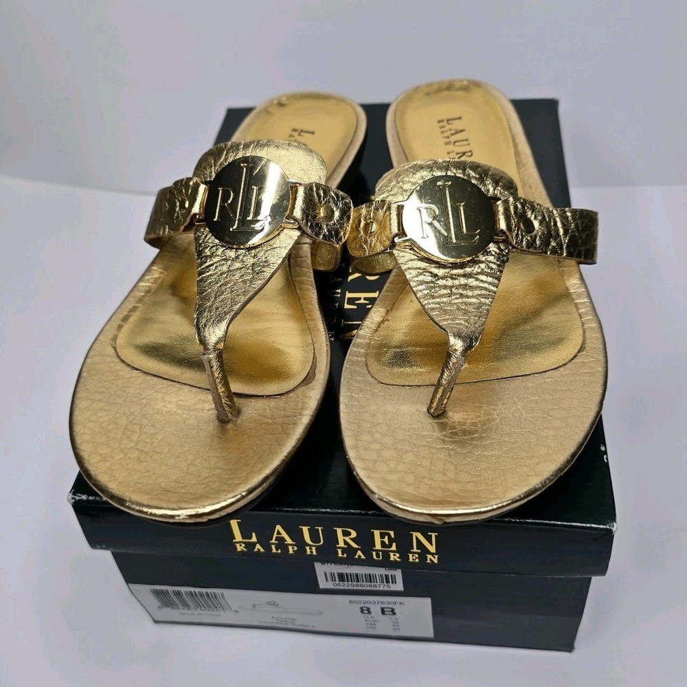 Ralph Lauren LRL Kalana Gold Flats Shoes Sandals Patent Leather T Strap Slip 8B